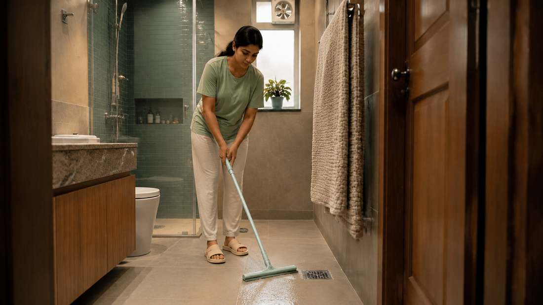 Indian woman using a floor squeegee to dry a bathroom while wearing non-slip sandals