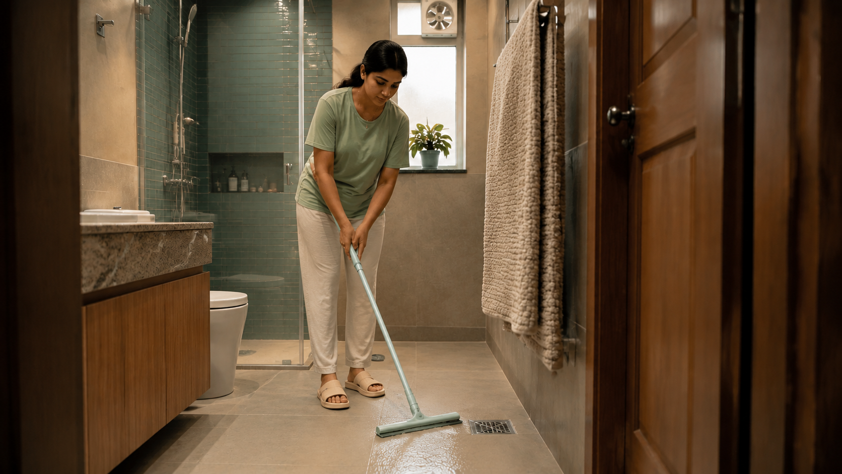 Indian woman using a floor squeegee to dry a bathroom while wearing non-slip sandals