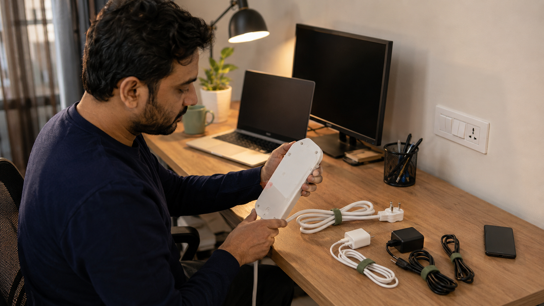 Indian professional inspecting an unplugged extension board while organising charging cables at a home desk