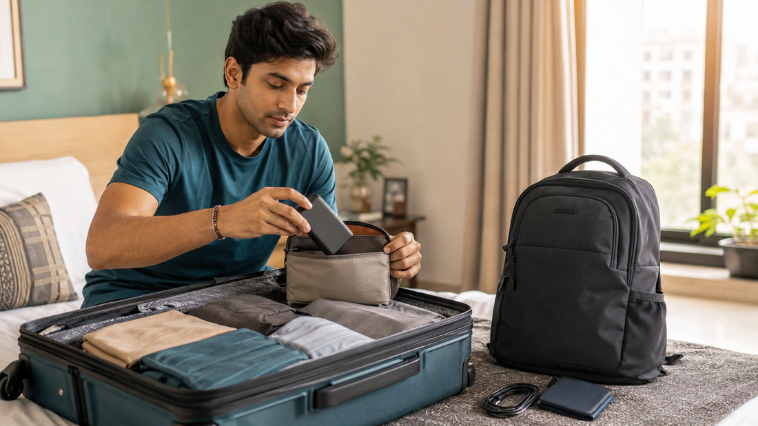 Indian traveller moving a power bank from checked luggage into a protective cabin-bag pouch