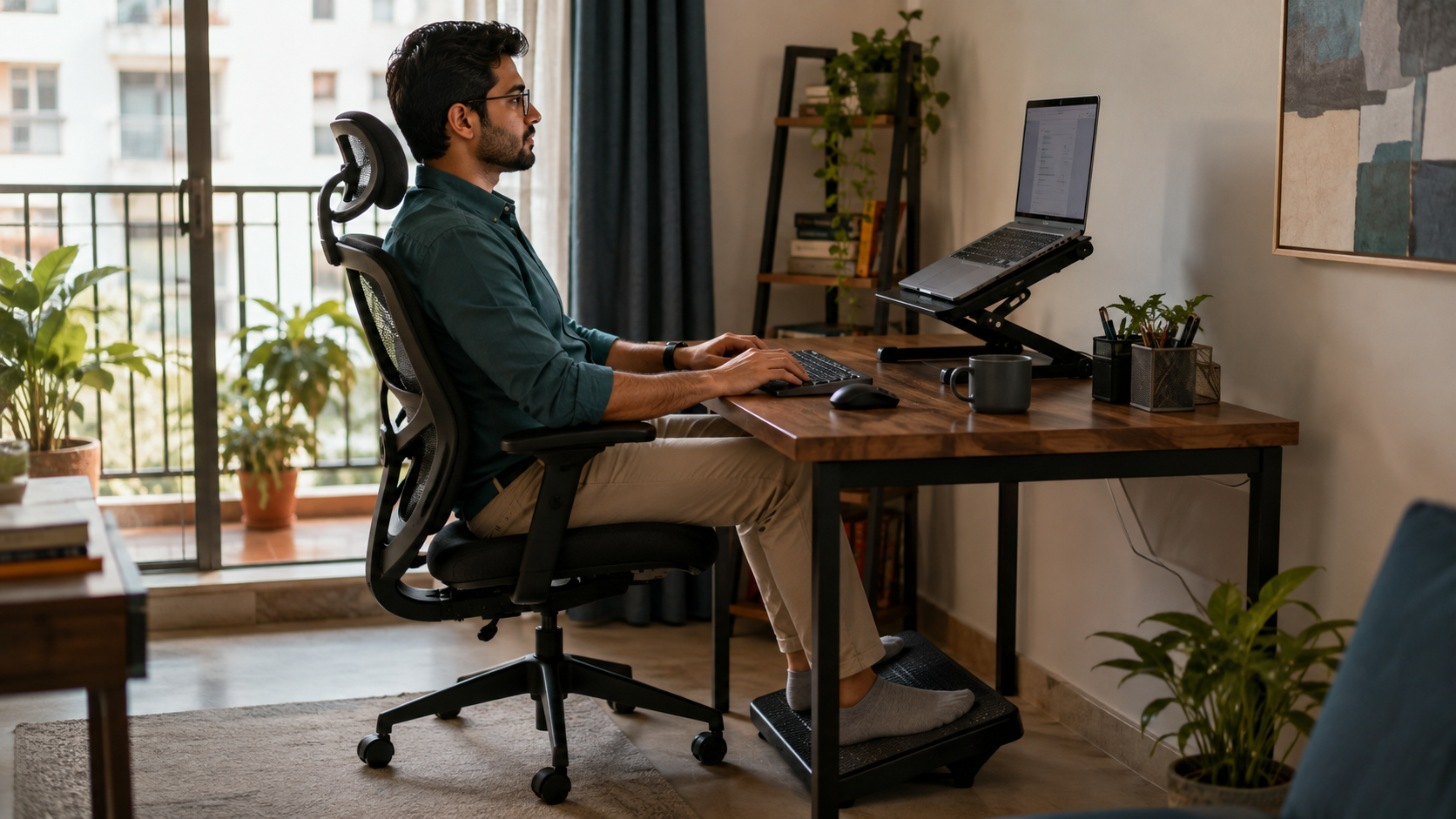 Indian professional sitting at a home workstation with both feet supported on an angled footrest
