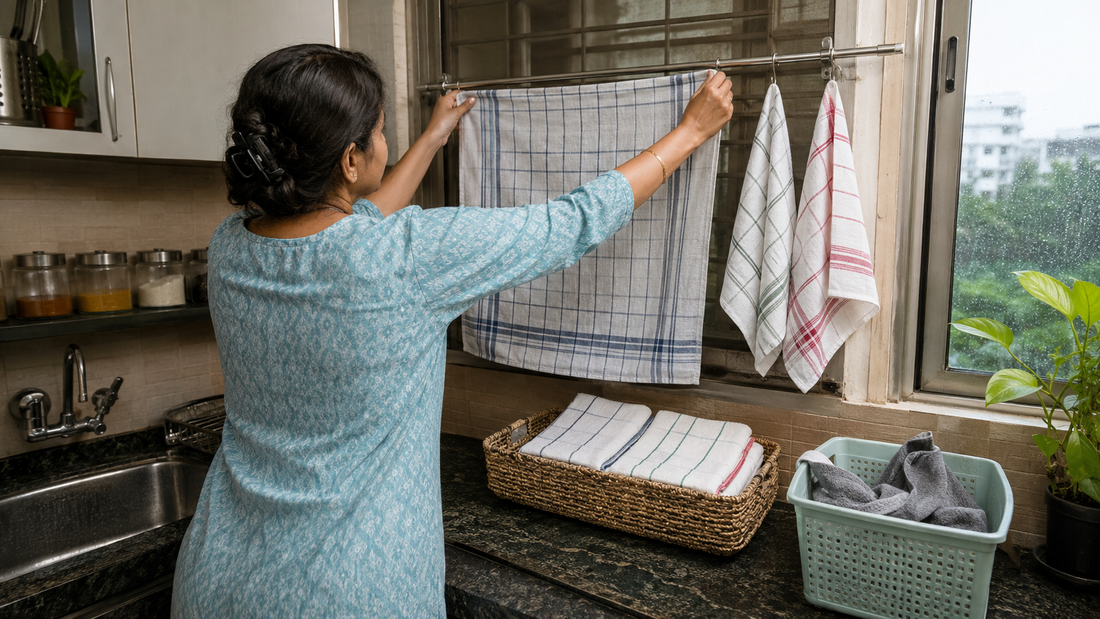 Indian homeowner spreading a clean kitchen towel to dry beside a basket of fresh towels on a rainy day