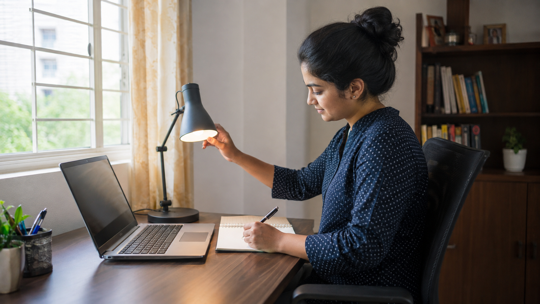 Indian professional adjusting a desk lamp toward a notebook beside a laptop and softly shaded window