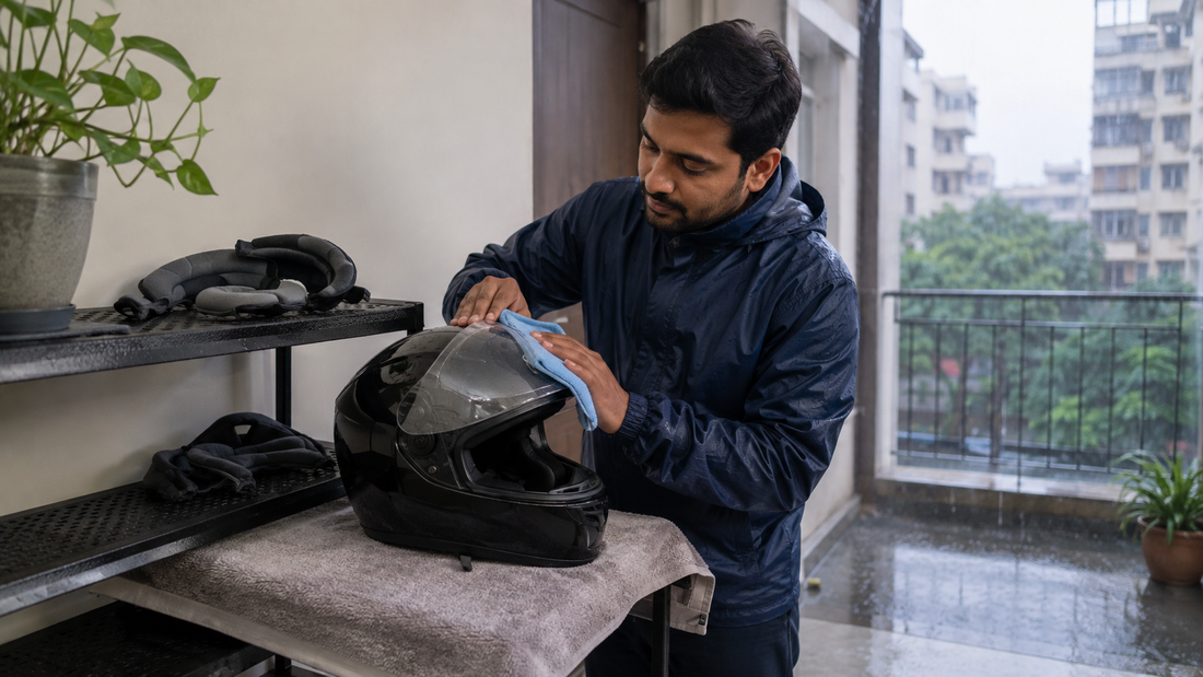 Indian commuter wiping a wet motorcycle helmet visor while removable pads dry separately in shade