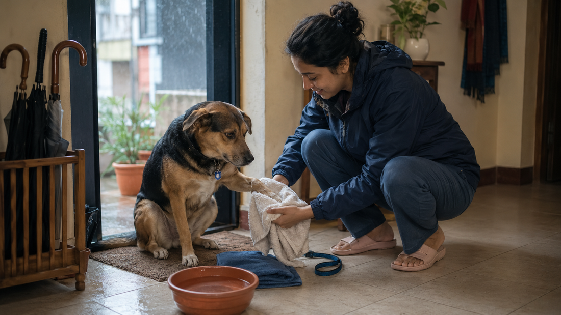 Indian pet parent gently drying a dog's muddy paw at a rainy apartment entryway