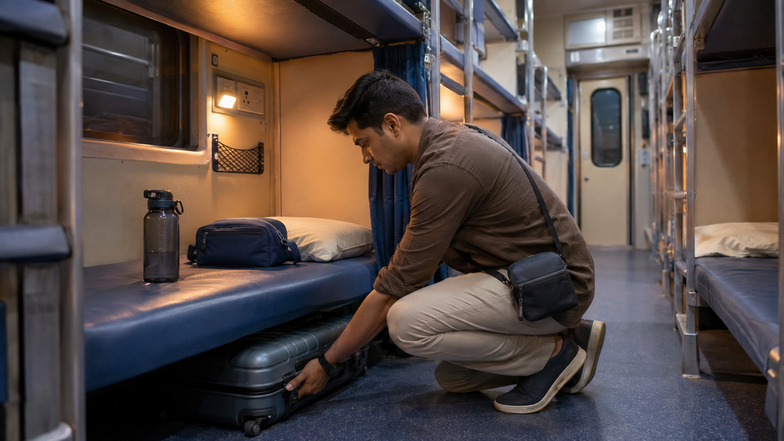 Indian traveller storing a suitcase fully beneath a lower train berth while keeping valuables in a cross-body pouch