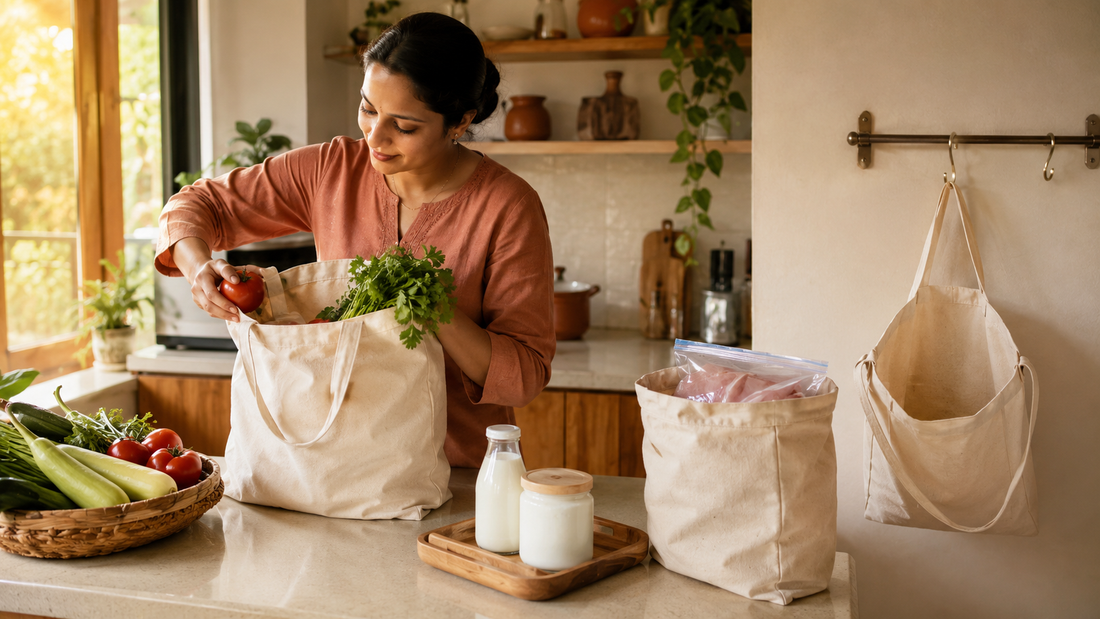 Indian shopper unpacking vegetables and dairy from reusable grocery bags while keeping a sealed raw-food bag separate