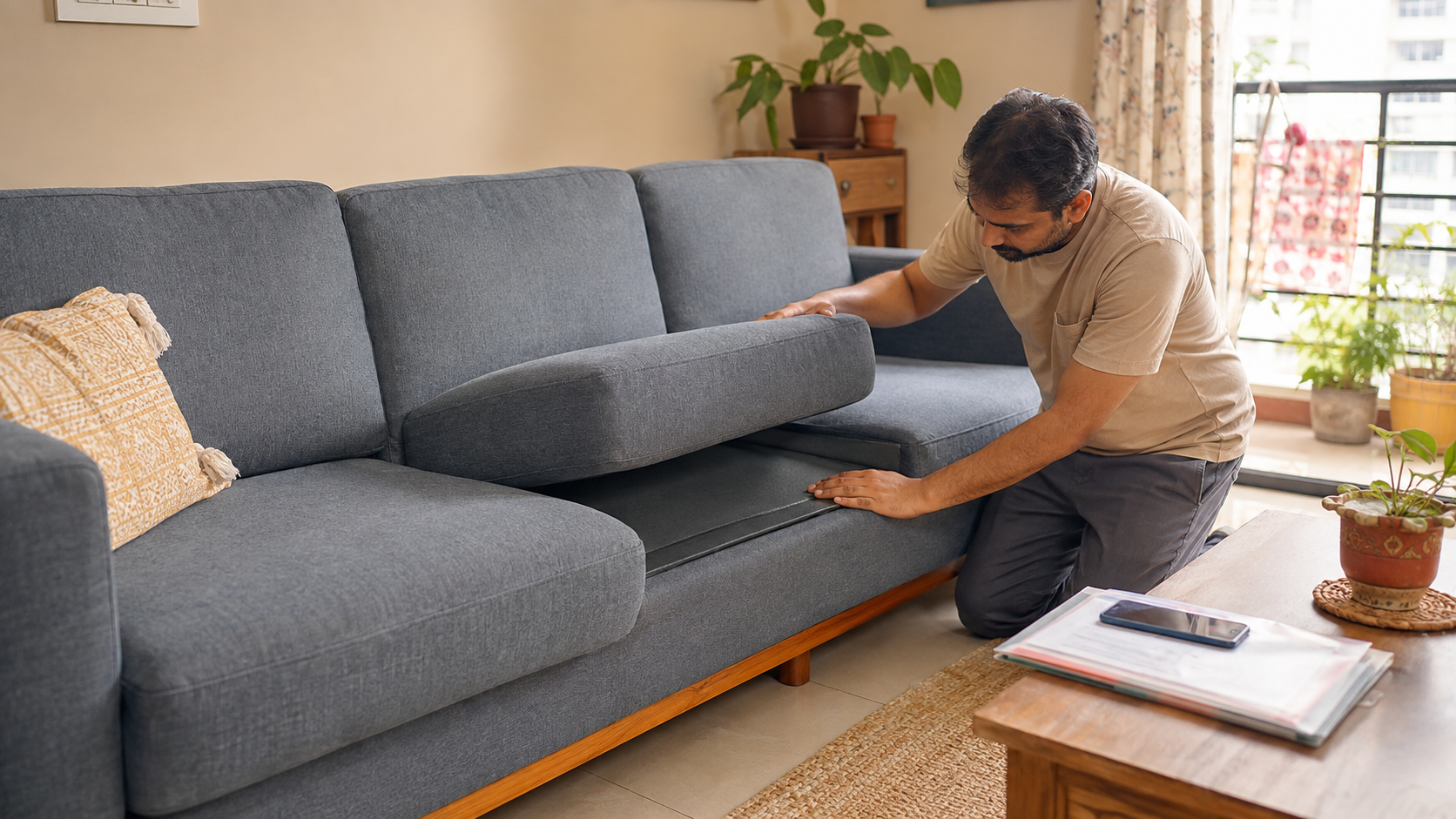 Indian homeowner lifting a sofa cushion to inspect the seat support underneath
