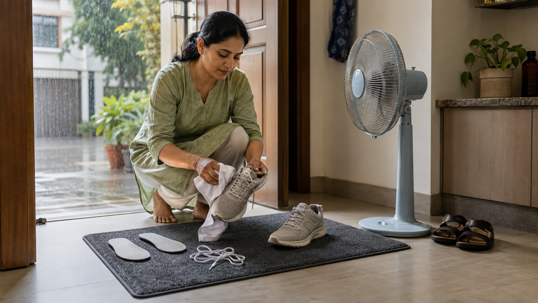 Indian homeowner blotting wet sneakers while insoles and laces dry separately near a fan