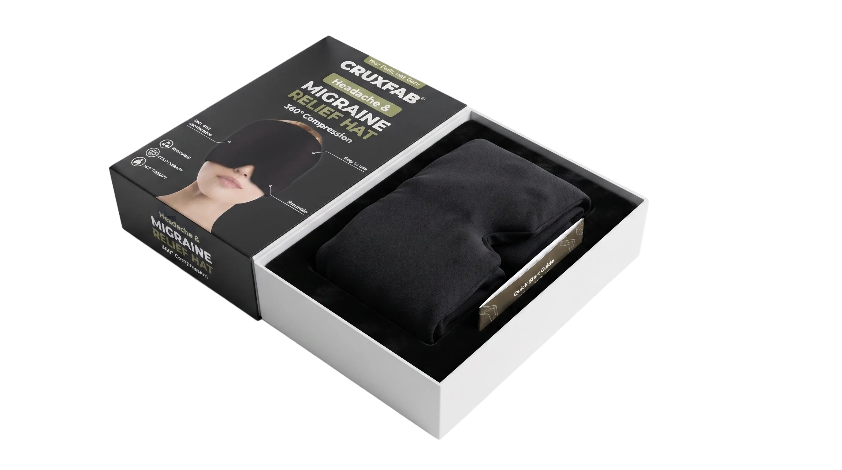 Black Thermax head comfort cap folded beside its packaging