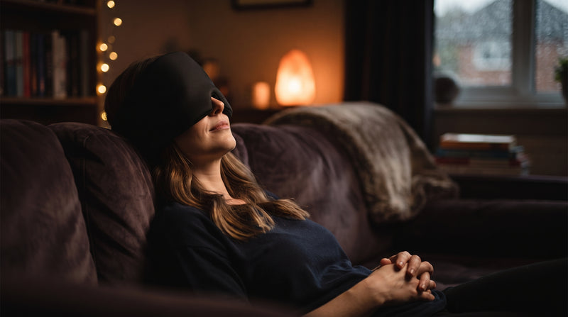 Person relaxing on a sofa while wearing the black Thermax head comfort cap
